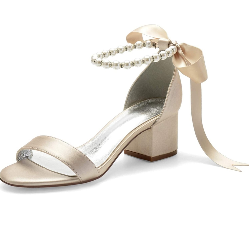 Champagne satin bride wedding shoes with  pearl ankle strap